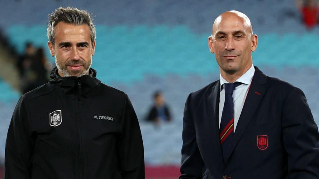 Jorge Vilda, head coach of Spain, stands with federation president Luis Rubiales during the 2023 Women's World Cup final 