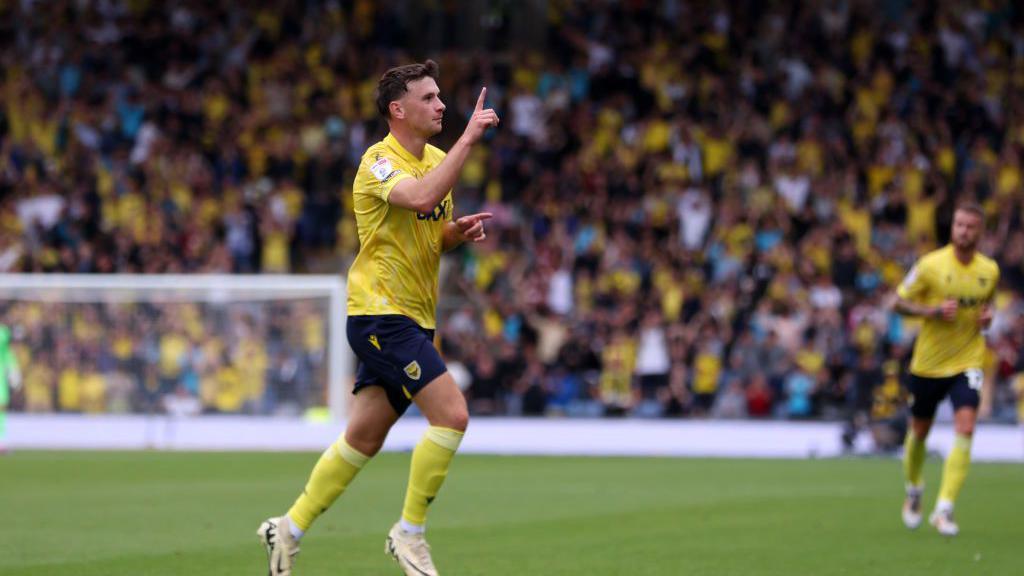 Mark Harris celebrating scoring for Oxford United