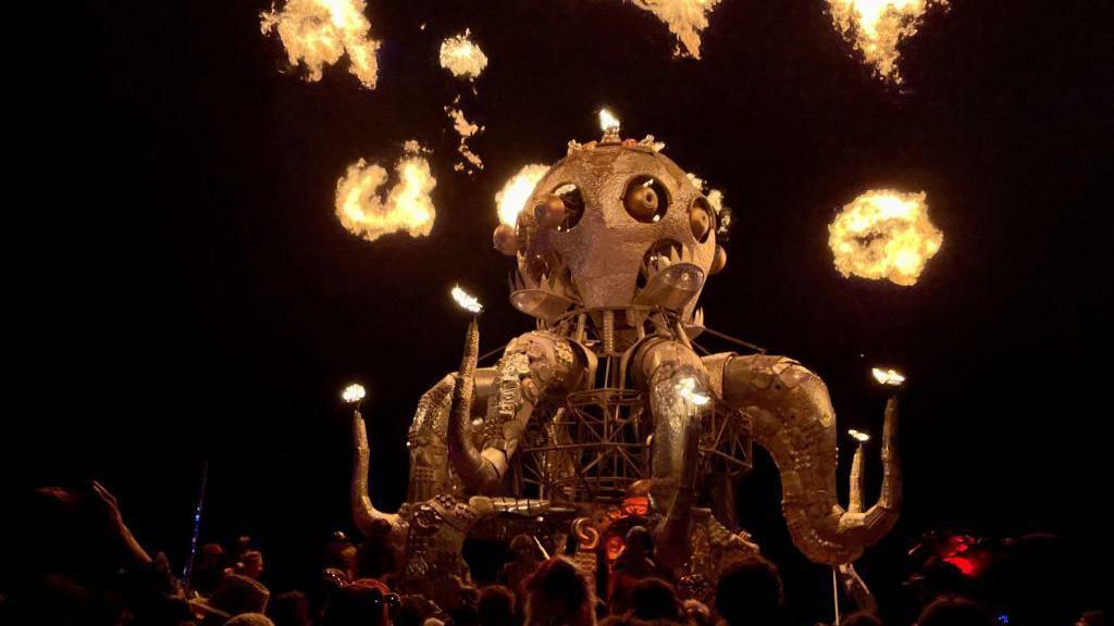 A crowd of people watch a tall structure being set alight at night at the Burning Man festival.