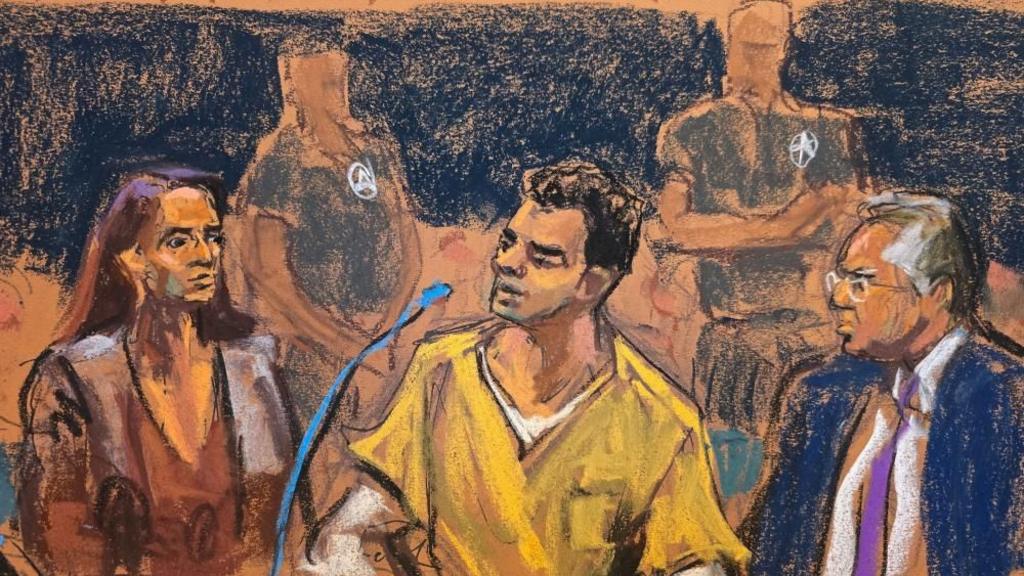 Luigi Mangione sits in a hearing in his federal murder trial at Manhattan Criminal Court in New York City in this court sketch