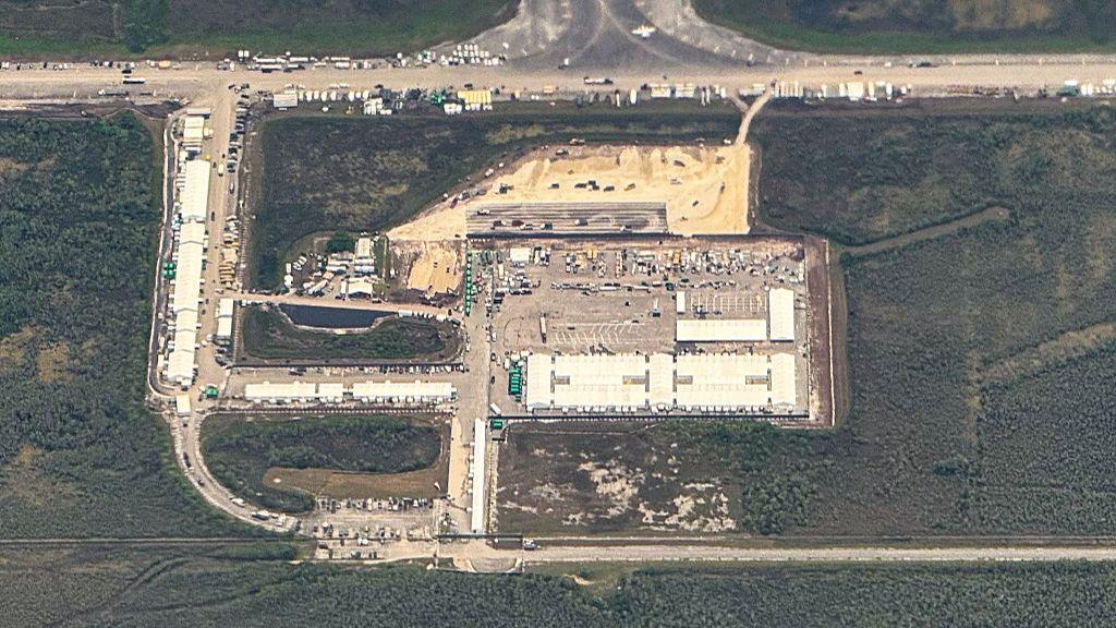 An aerial view of a migrant detention centre dubbed "Alligator Alcatraz" at the site of the Dade-Collier Training and Transition Airport in Ochopee, Florida.