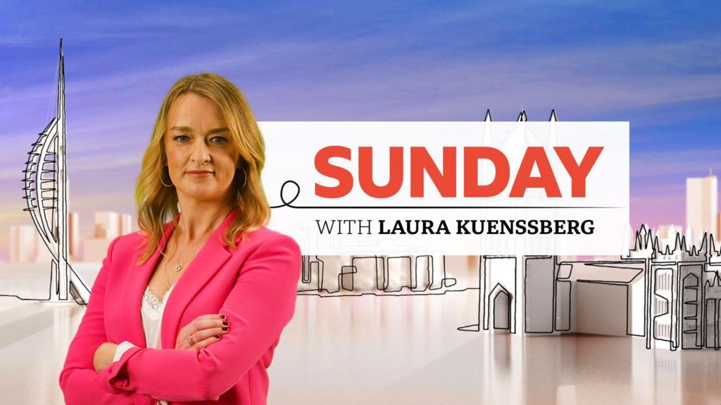 Laura Kuenssberg folders her arms in a pink suit, in front of a text which reads 'Sunday with Laura Kuenssberg', and a graphicised city skyline in the background