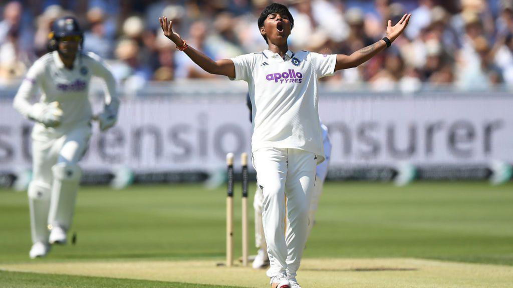  Kranti Gaud of India celebrates after bowling Alice Capsey during day two of the 1st Women's Rothesay Test Match between England and India at Lord's Cricket Ground on July 11, 2026 in London, England.