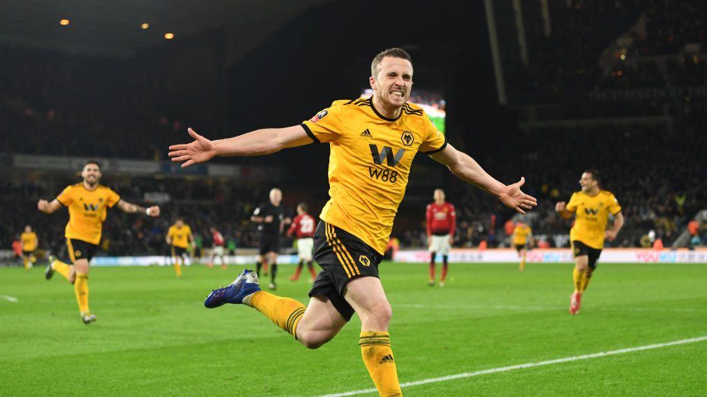Diogo Jota celebrates after scoring against Manchester United in the FA Cup quarter-final at Molineux