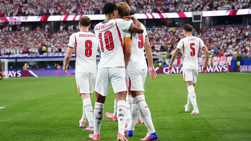 England players celebrate after scoring in their 4-2 victory against Croatia at the 2026 FIFA World Cup