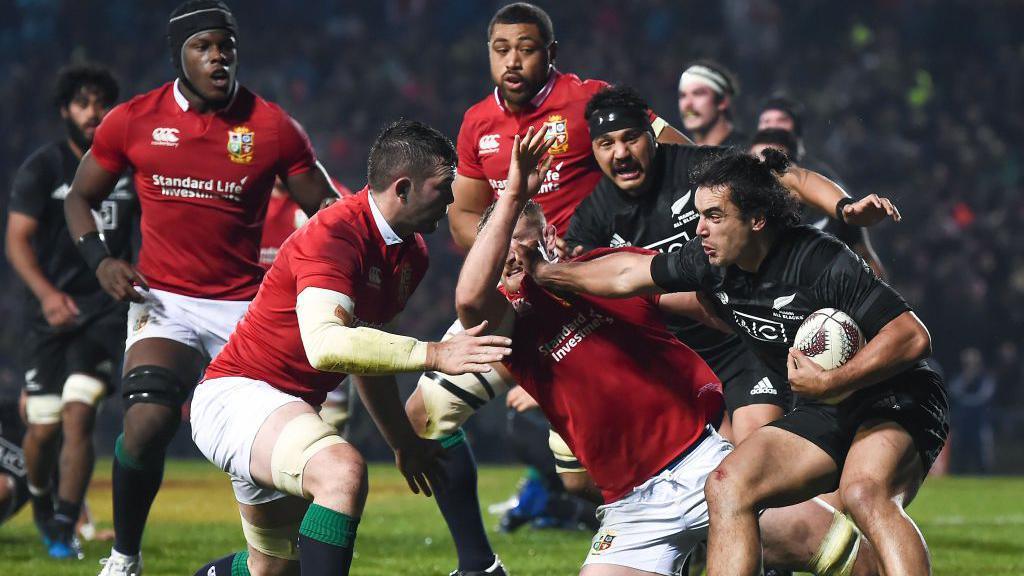 James Lowe, far right, playing for the Maori All Blacks in their 32-10 defeat by the Lions in 2017