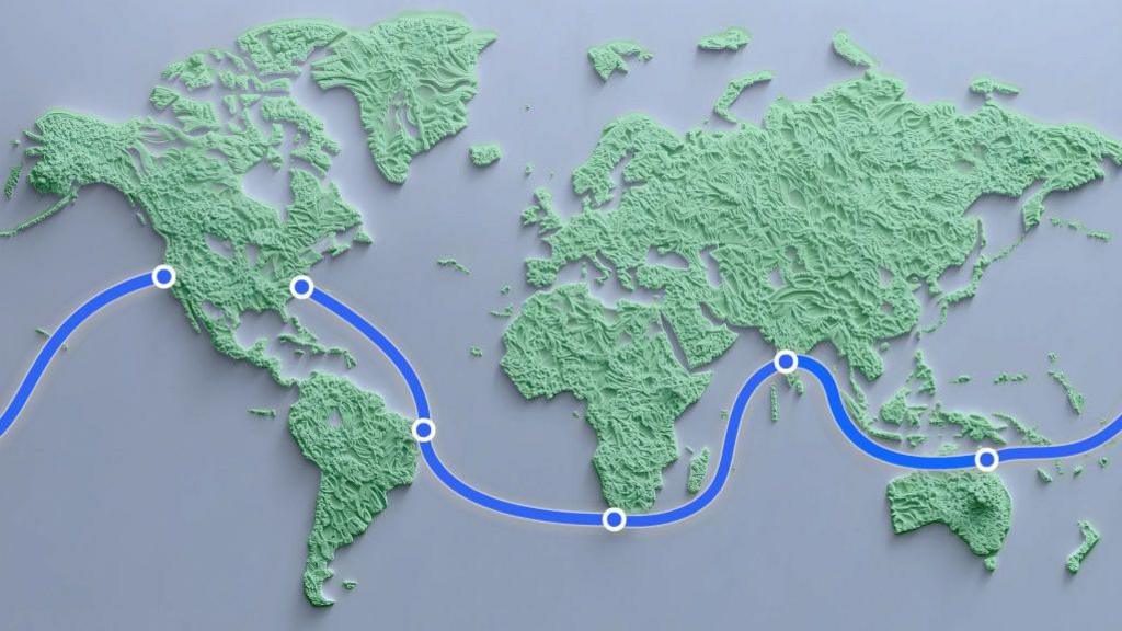 A Meta illustration of Project Waterworth shows a thick blue line connecting points in the US, South America, Africa, India and Australia on a global map.