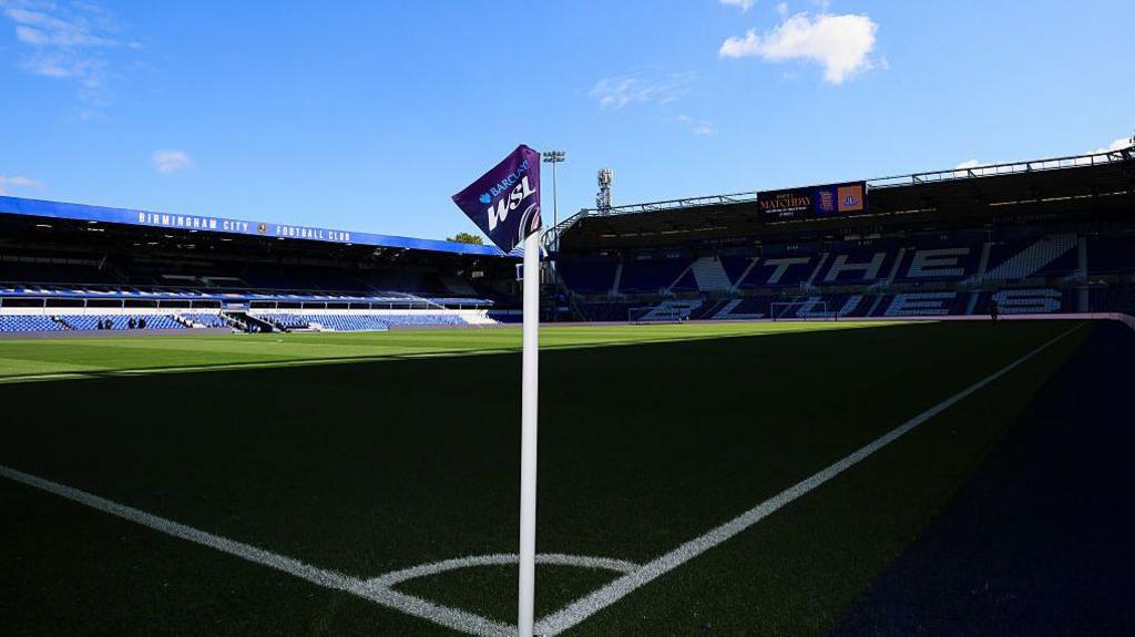 A general view across the pitch at St Andrew's with the WSL branded corner flag in the foreground.