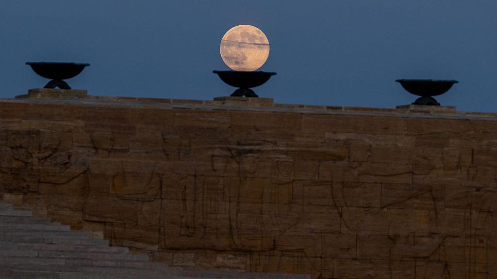 The full moon, also known as 'Beaver Moon', rises over Anitkabir, the mausoleum of Turkish Republic's Founder Mustafa Kemal Ataturk in Ankara, Turkiye on November 05, 2025.