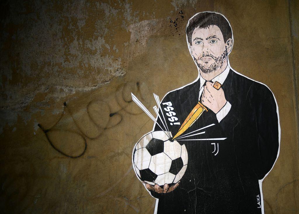 A 2021 drawing of Juventus chairman Andrea Agnelli as fans protested the failed European Super League project