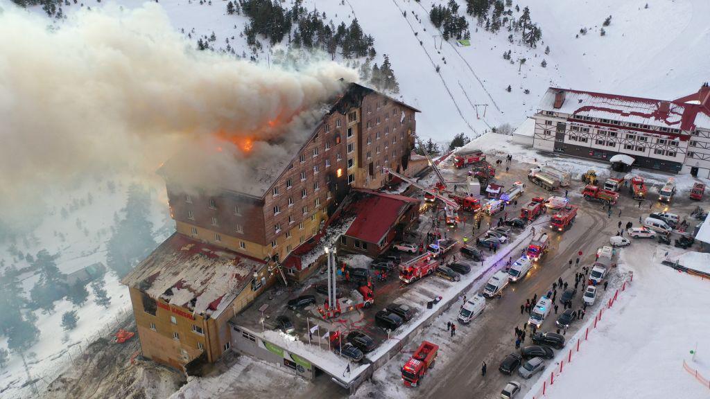 An aerial view of the area as fire brigades responding to a fire that broke out in a hotel in Bolu Kartalkaya Ski Center, on January 21, 2025 in Bolu, Turkey.