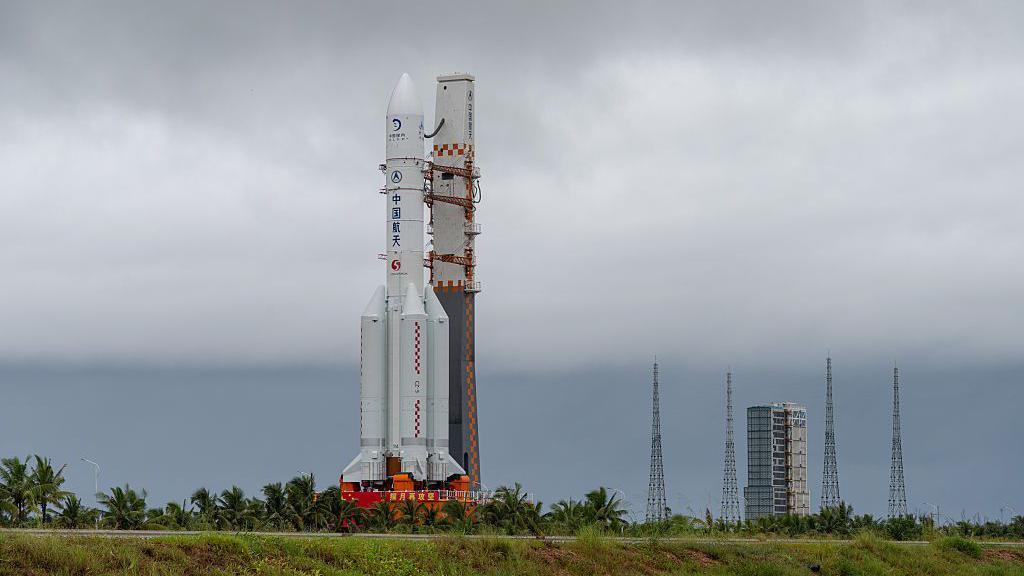 The Chang'e-7 lunar probe and the Long March-5 Y14 carrier rocket sits vertically on the launching area at the Wenchang Spacecraft Launch Site 