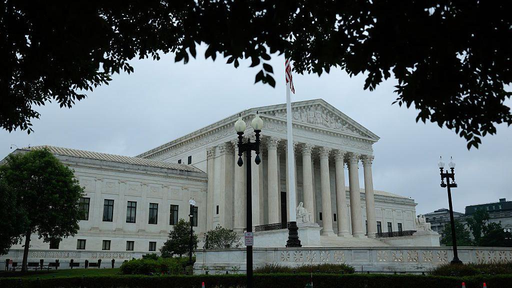 A light rain falls outside of the U.S. Supreme Court ahead of the release of new opinions on June 23, 2026 in Washington, DC.

