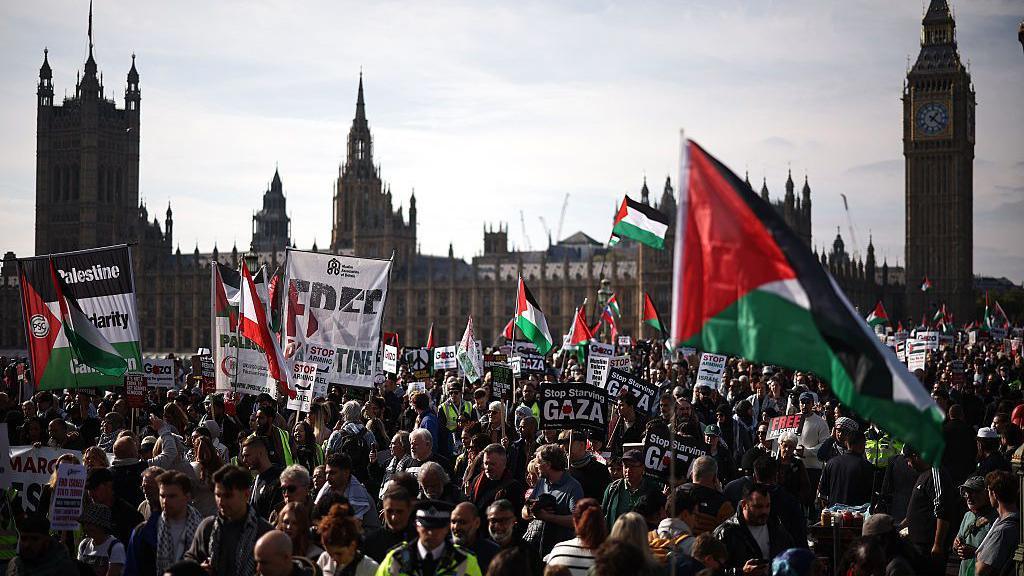 A large crowd of protesters holding Palestinian flags and placards are gathered with the Houses of Parliament in the background.