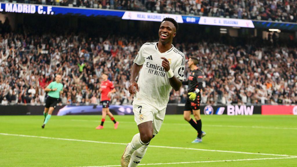 Vinicus Junior celebrates scoring a hat-trick for Real Madrid against Osasuna