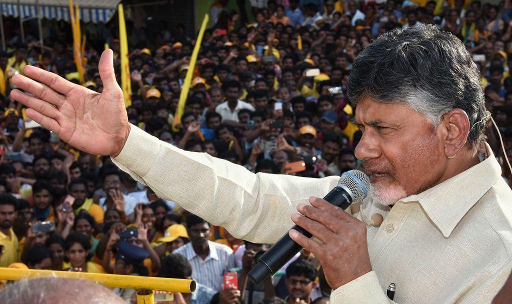 N. Chandrababu Naidu, chief minister of India's Andhra Pradesh state speaks during a public rally of the Telugu Desam Party (TDP) in Krishna district of the Indian state of Andhra Pradesh, on April 8, 2019. - India is holding a general election to be held over nearly six weeks starting on April 11, when hundreds of millions of voters will cast ballots in the world's biggest democracy.