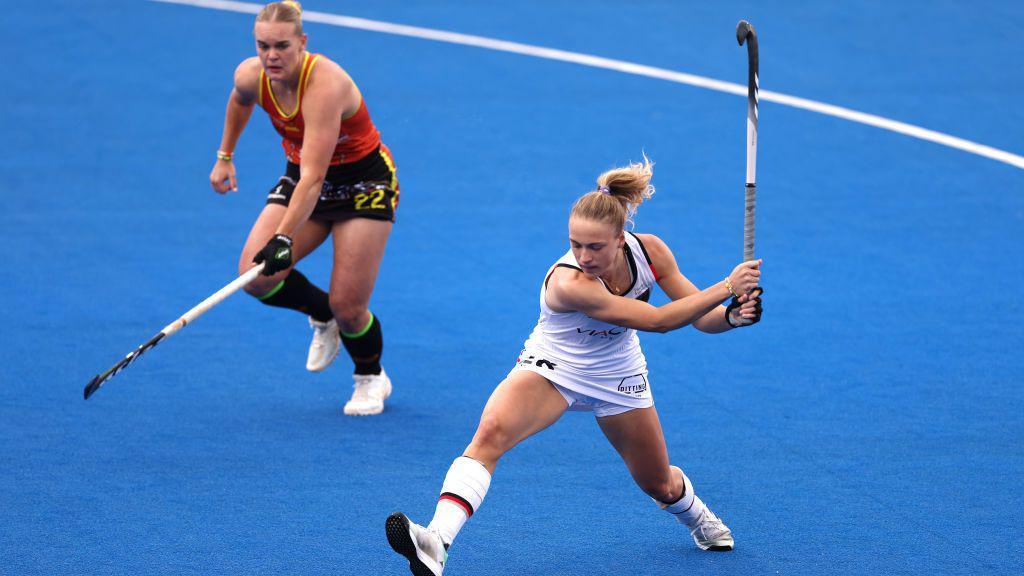 Jette Fleschutz of Germany shoots during the FIH Pro League Women's match between Australia and Germany