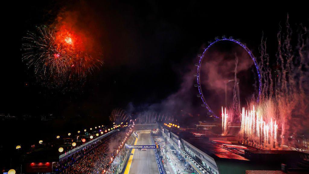 Fireworks are set off after the F1 Grand Prix of Singapore at Marina Bay Street Circuit on September 22, 2024 in Singapore