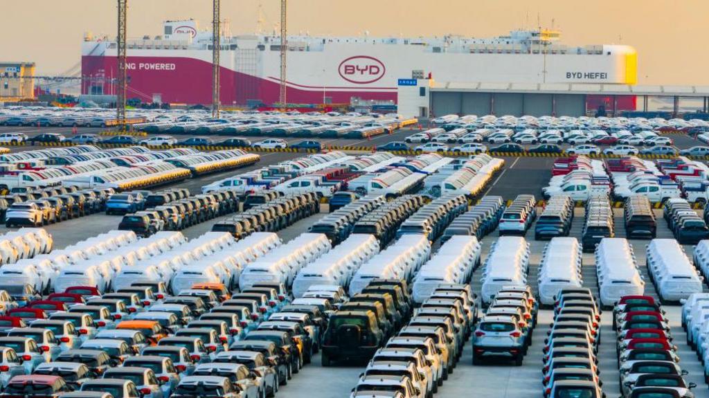 A ro-ro ship of clean energy vehicles, ''BYD Hefei,'' loads new energy vehicles for export to Zeebrugge Port in Belgium at Haitong (Taicang) Automobile Terminal in the Taicang Port district of Suzhou Port in Suzhou, China, on January 11, 2025.