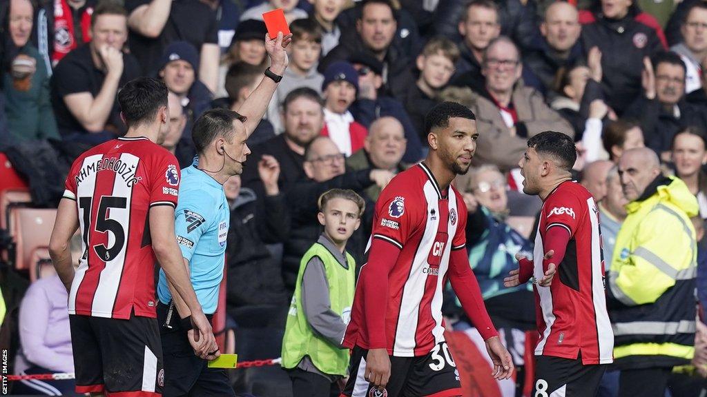 Mason Holgate being shown the red card