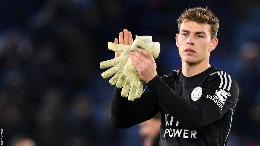 Leicester City goalkeeper Mads Hermansen acknowledges the crowd after a game