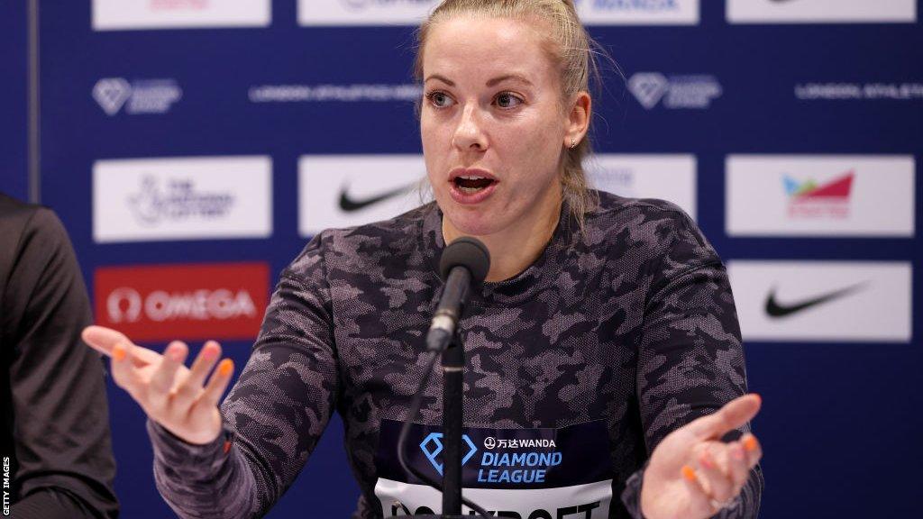 Hannah Cockroft speaking at a news conference in July 2023 to promote the London Diamond League meeting