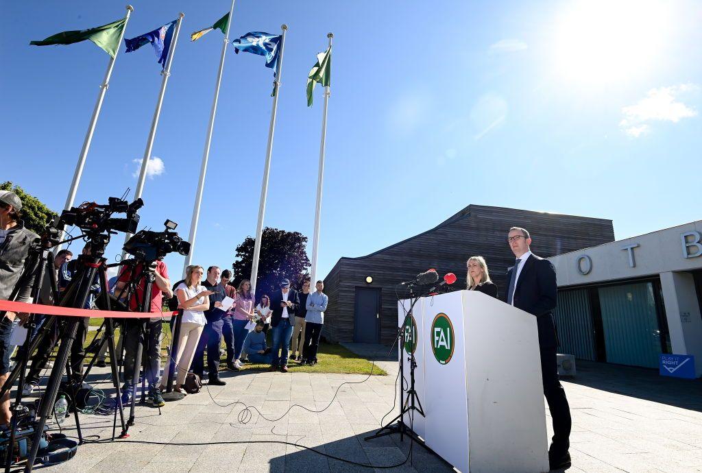 Interim chief executive David Courell and people & culture director Aoife Rafferty brief media at the FAI headquarters in Dublin