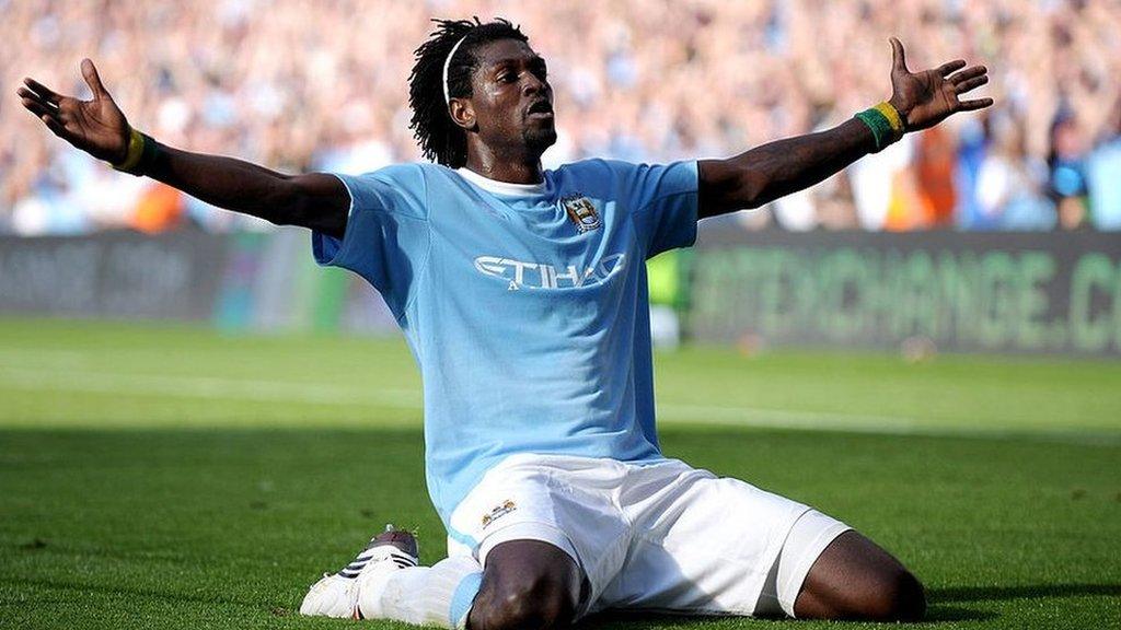 Emmanuel Adebayor celebrates in front of Arsenal fans after scoring for Manchester City