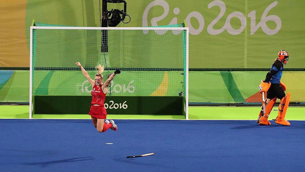 Hollie Pearne-Webb celebrates scoring the gold medal-winning goal at the Rio 2016 Olympics