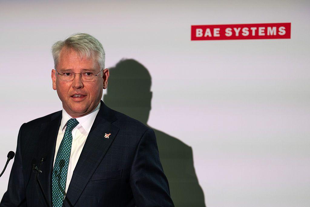 Dr. Charles Woodburn, Group Chief Executive Officer of BAE Systems, speaks at the BAE Systems stand during the launch of the uncrewed Collaborative Combat Aircraft (CCA) named Brontanax on July 22, 2026 in Farnborough