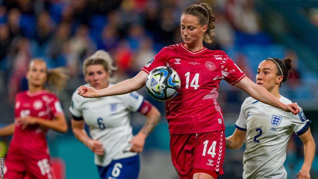 Nicoline Sorensen in action for Denmark against England at the Women's World Cup.