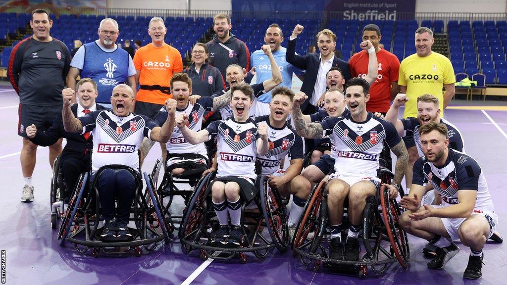 England celebrate reaching the Wheelchair Rugby League World Cup final