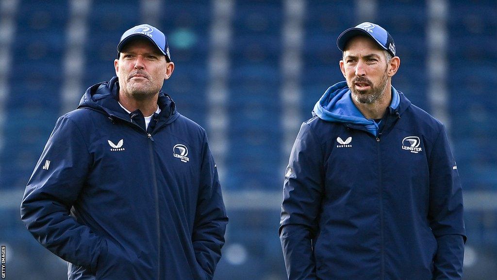 Jacques Nienaber and Andrew Goodman pictured during a Leinster training session