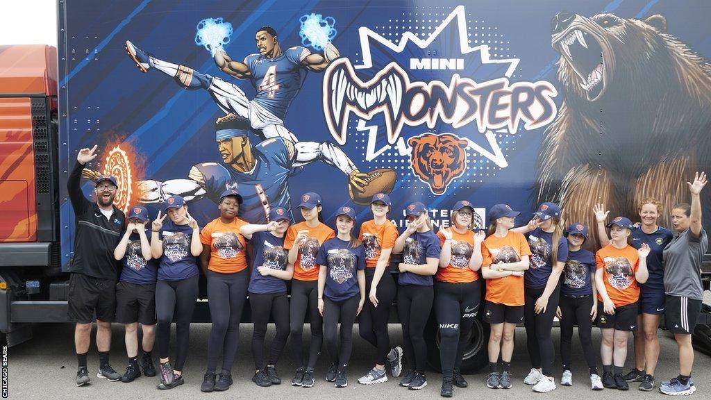 Schoolchildren at a Chicago Bears coaching session in Liverpool