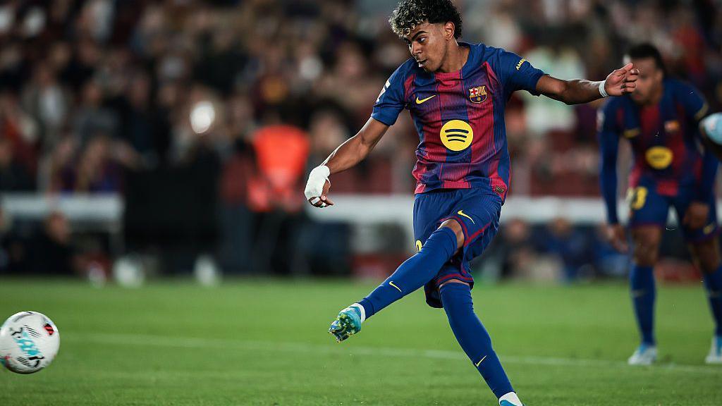 Lamine Yamal of FC Barcelona scores the team's first goal from penalty spot during the LaLiga match between FC Barcelona and RC Celta de Vigo at Spotify Camp Nou on April 22, 2026 in Barcelona, Spain.
