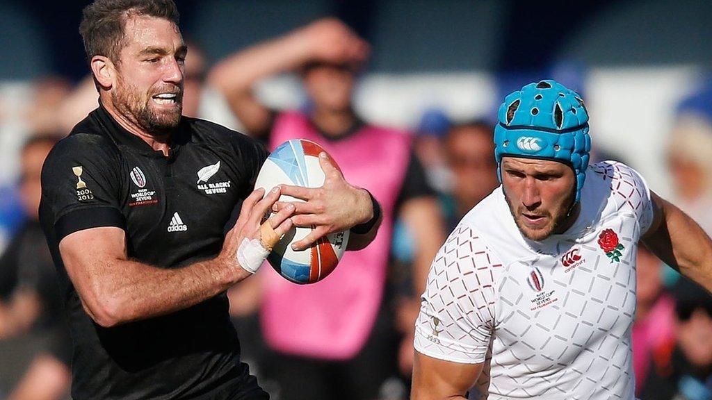 New Zealand score a try against England at the Rugby World Cup Sevens