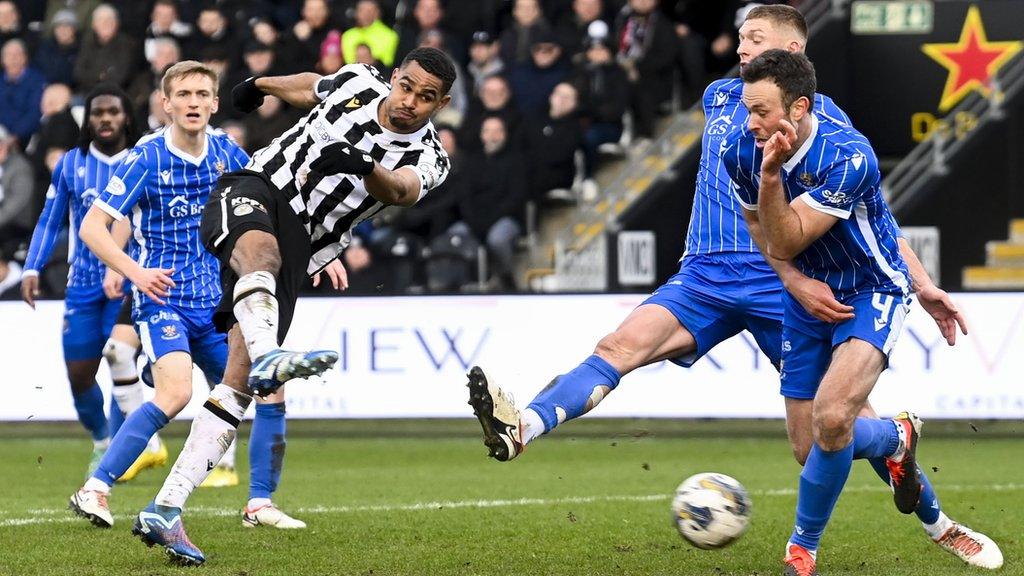 St Mirren's Mikael Mandron scores to make it 2-0 during a cinch Premiership match between St Mirren and St Johnstone at the SMiSA Stadium, on February 24, 2024, in Paisley, Scotland.