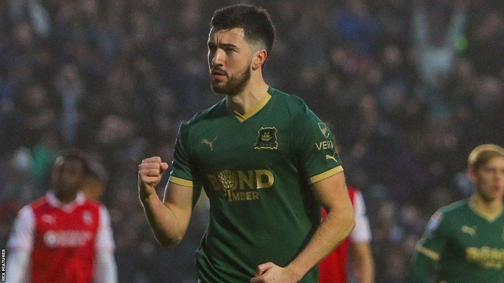 Finn Azaz celebrates scoring for Plymouth Argyle