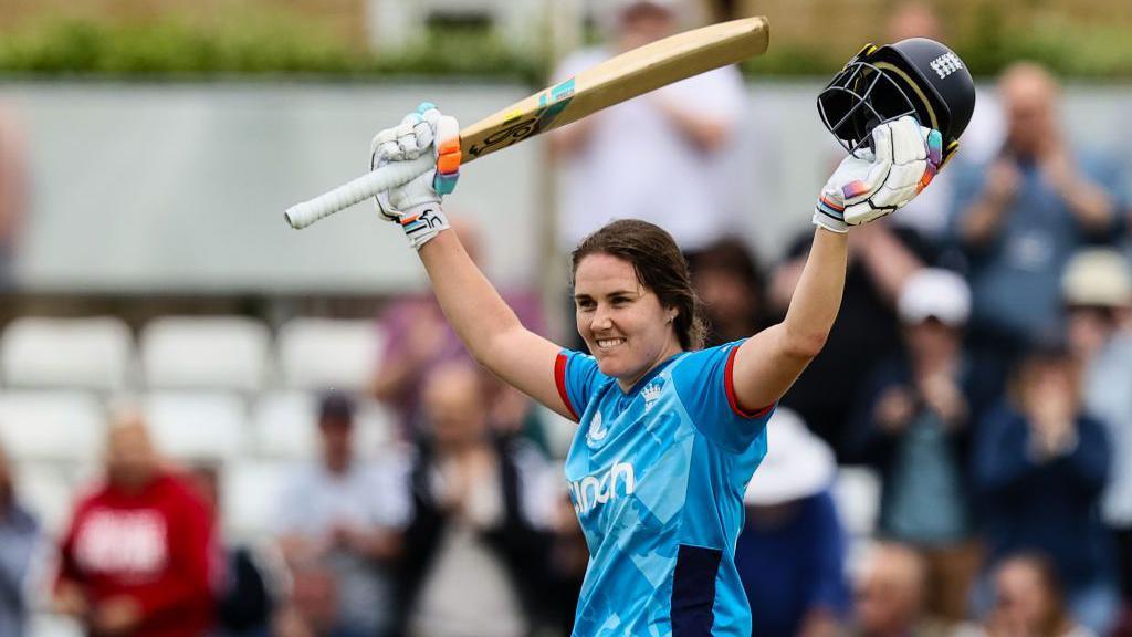 England's Nat Sciver-Brunt celebrates hitting an ODI century