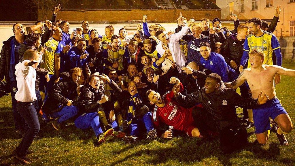 Hashtag United celebrate winning the Eastern Counties League Division One South title