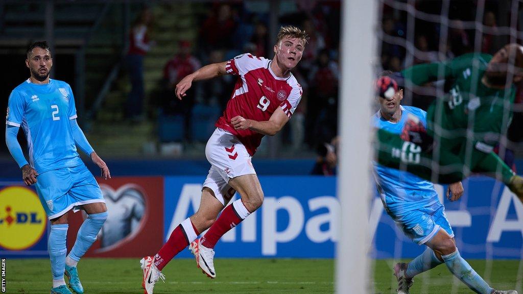 Rasmus Hojlund scores for Denmark