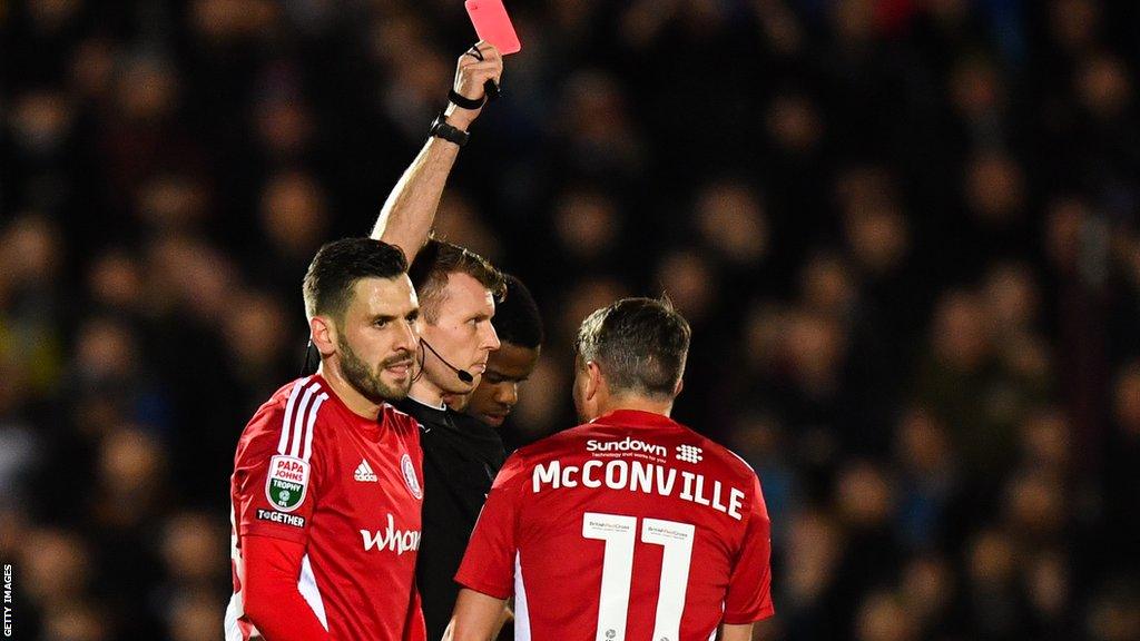 Sean McConville is sent off against Bolton