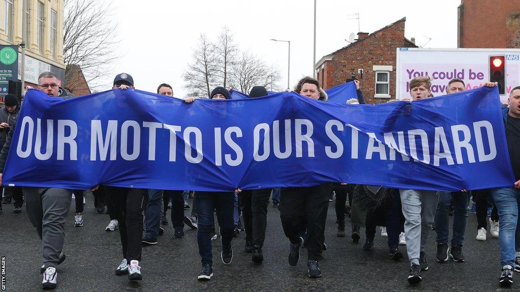 Everton fans protesting against the club's board and ownership