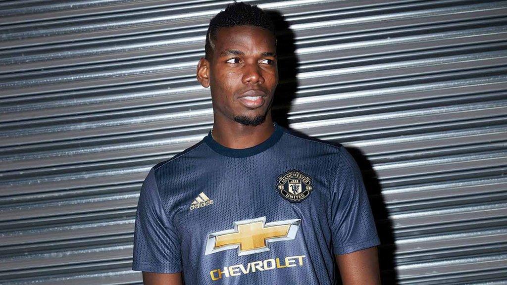 Paul Pogba wearing a new Man United shirt created from Parley Ocean Plastic in support of movement to end marine plastic pollution