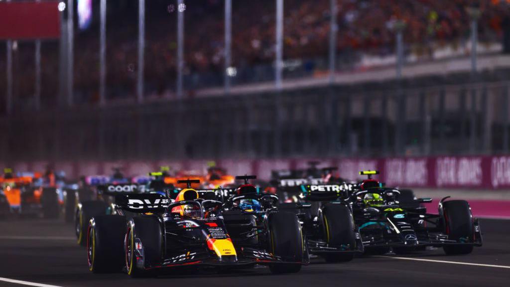 Max Verstappen leads the Mercedes of George Russell and Lewis Hamilton at the start of the 2023 Qatar Grand Prix