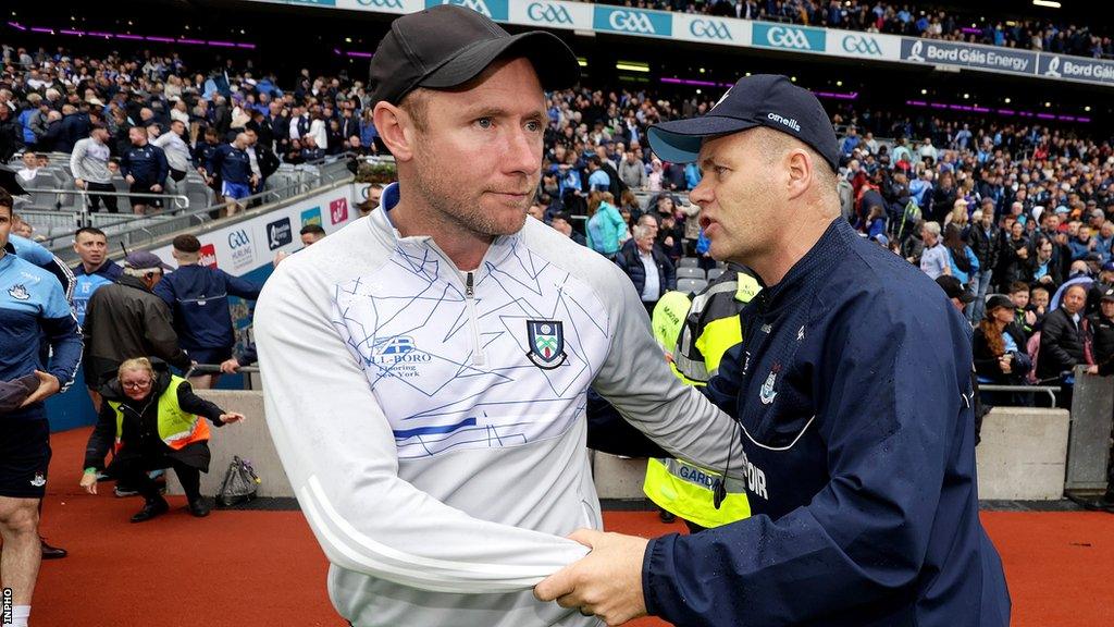 Monaghan boss Vinny Corey shakes hands with his Dublin counterpart after the final whistle at Croke Park