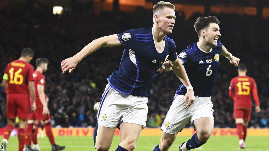 Scotland's Scott McTominay and Kieran Tierney celebrating against Spain