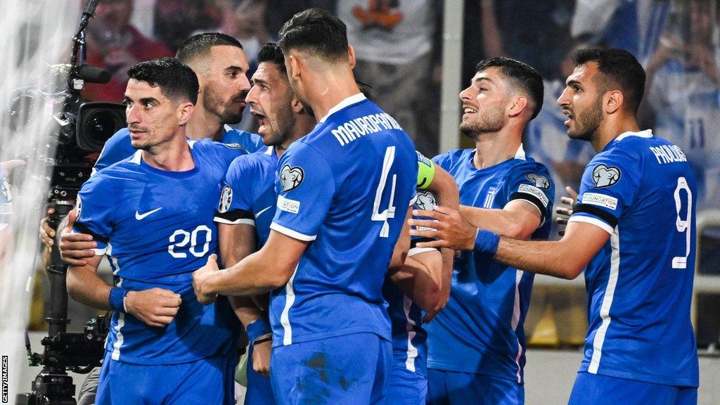 Greece celebrate their opening goal against the Republic of Ireland