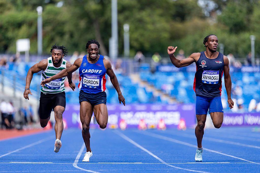  Benedict Chukwueze of Woodford Green & Essex Ladies A, Samuel Gordon of Cardiff AC and Sean Anyaogu of Be Fit Today Track Academy compete in the Men's 100m Heats during the 2025 UK Athletics Championships at Alexander Stadium on August 2, 2025 in Birmingham, England.