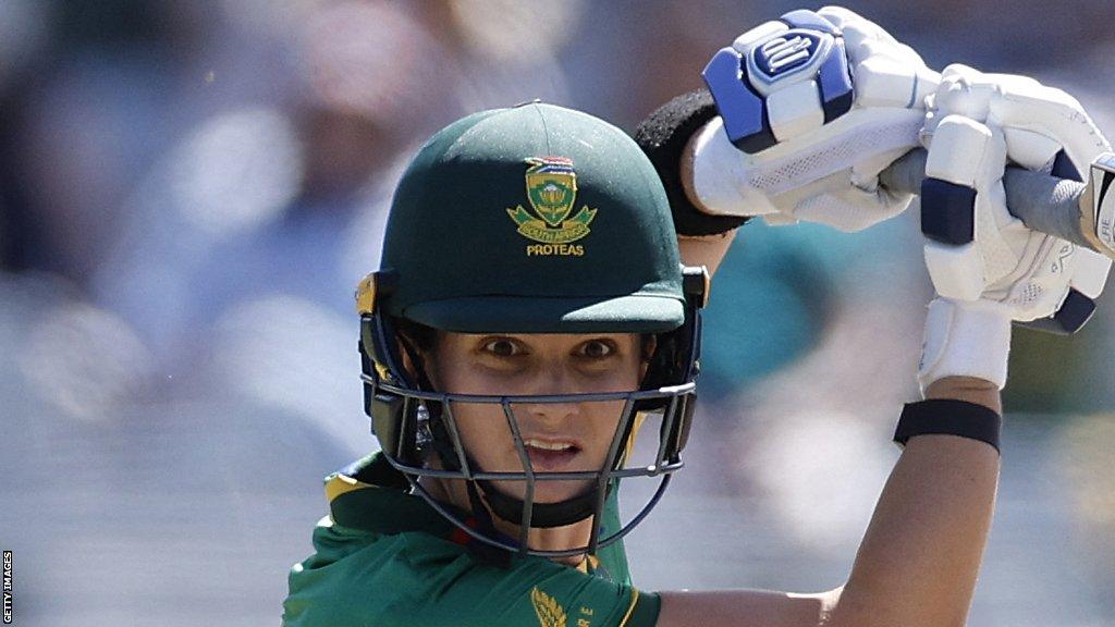 South Africa's Laura Wolvaardt watches the ball after playing a shot during the semi-final T20 women's World Cup cricket match between South Africa and England